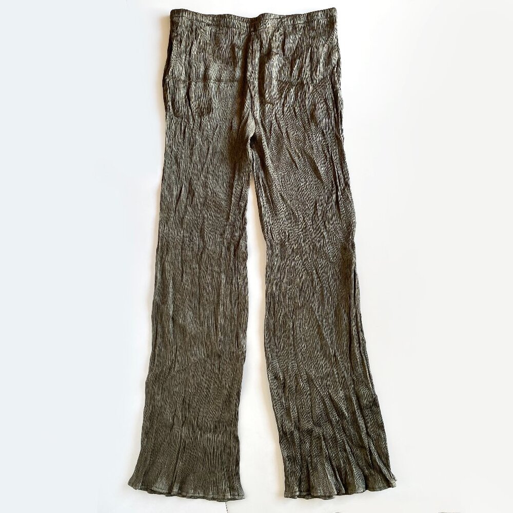 ZARA Pleated Metallic Gold Straight Crinkle Pull-On Trousers Side Pockets Size L